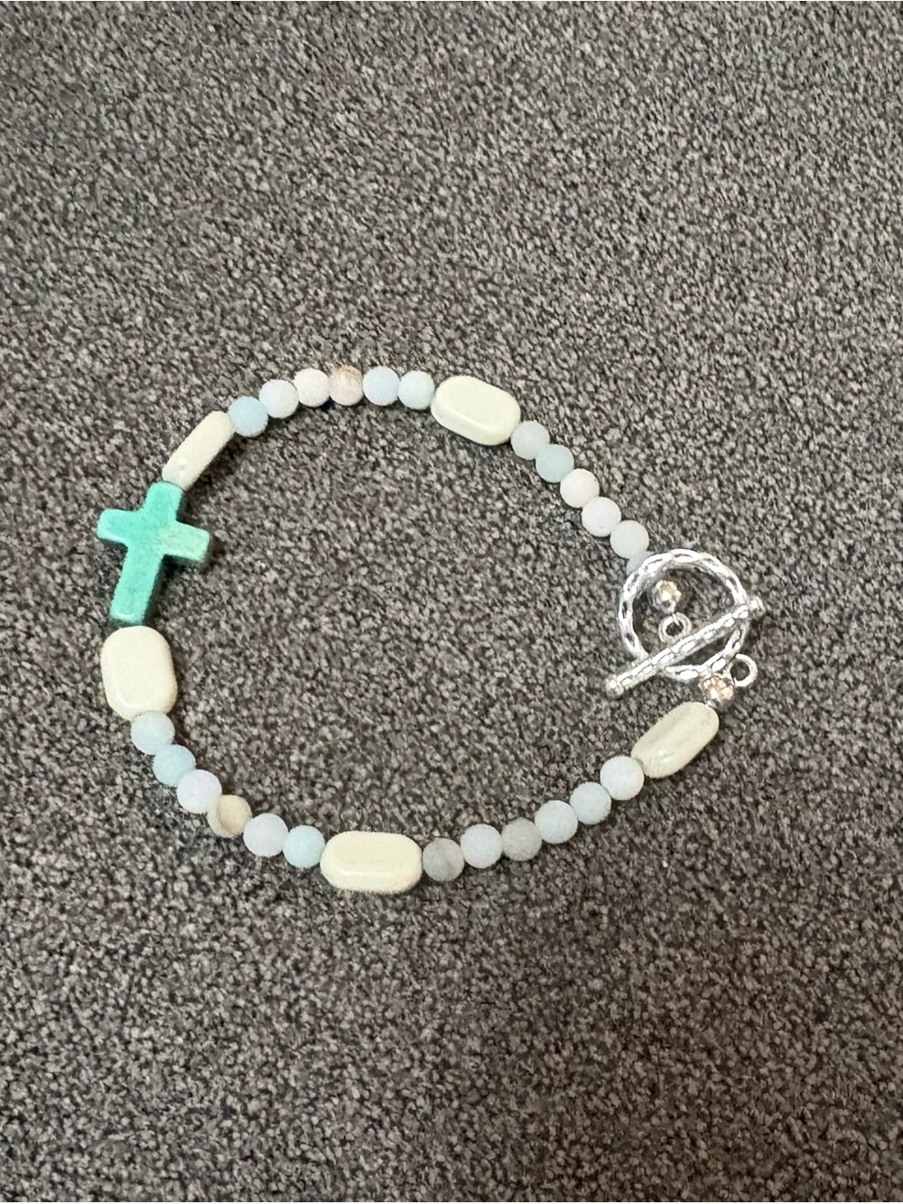Beaded Cross and Stone Bracelet in Aqua and Ivory